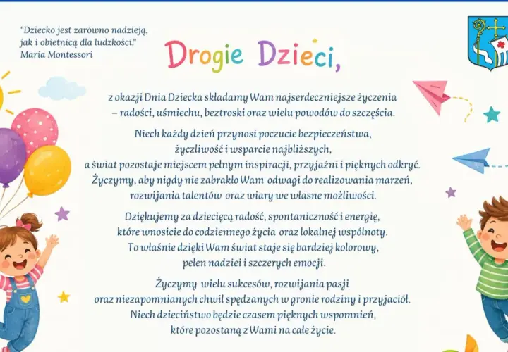 Radosne życzenia z okazji Dnia Dziecka dla wszystkich dzieci. Uśmiechnięta dziewczynka z balonami i chłopiec w skoku symbolizują beztroskę i szczęście.