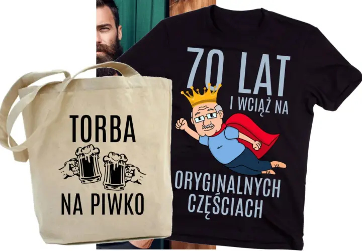Torba na piwo i koszulka z napisem "70 lat i wciąż na oryginalnych częściach" to idealny zestaw na 70 urodziny.