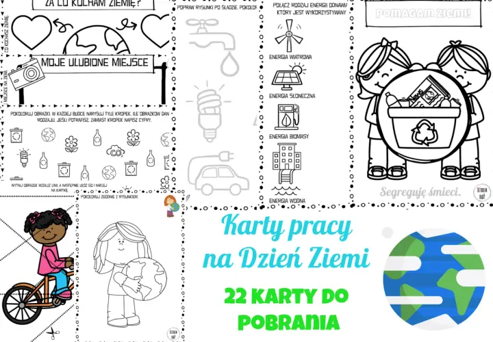 Karty pracy na Dzień Ziemi: kolorowanki, zadania o energii odnawialnej i segregacji śmieci.
