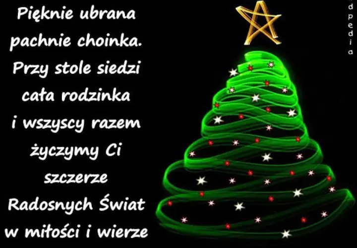 Choinka świeci, rodzina przy stole. Składamy szczere życzenia bożonarodzeniowe w miłości i wierze.