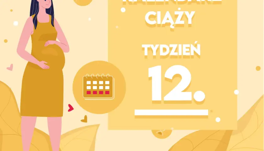 Kobieta w żółtej sukience, w 12 tygodniu ciąży, trzyma dłoń na brzuchu. Obok kalendarz i napis "Kaledarz ciąży tydzień 12".