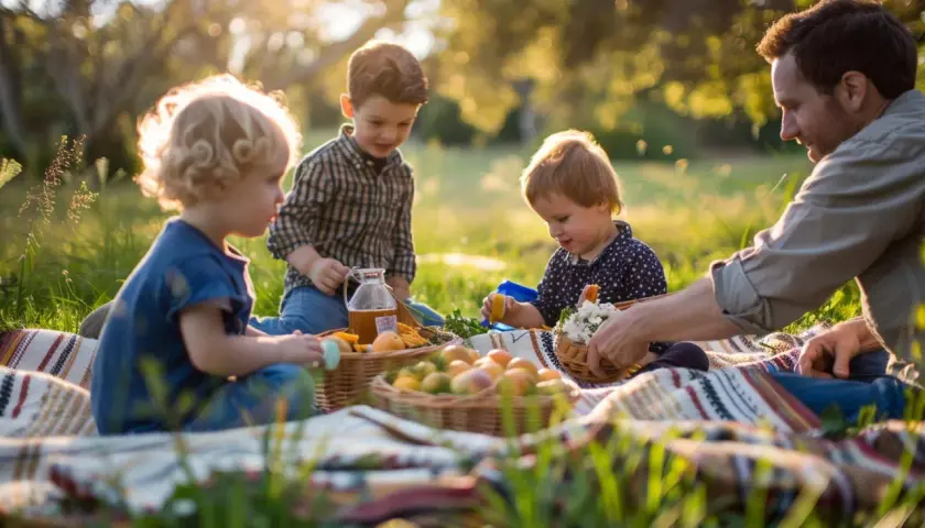 Rodzina cieszy się piknikiem na trawie. Ojciec i trzej synowie jedzą owoce i piją sok. To wspaniałe, **family friendly activities** na świeżym powietrzu.