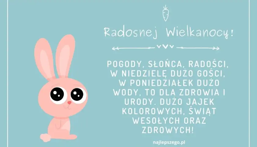 Uroczy króliczek z wielkimi oczami życzy Radosnej Wielkanocy! Wierszyki na Wielkanoc pełne słońca, gości i mokrego dyngusa.