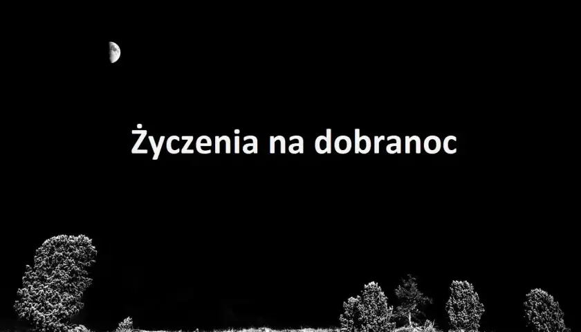 Nocny krajobraz z księżycem i drzewami. Tekst "Życzenia na dobranoc" zaprasza do snu.
