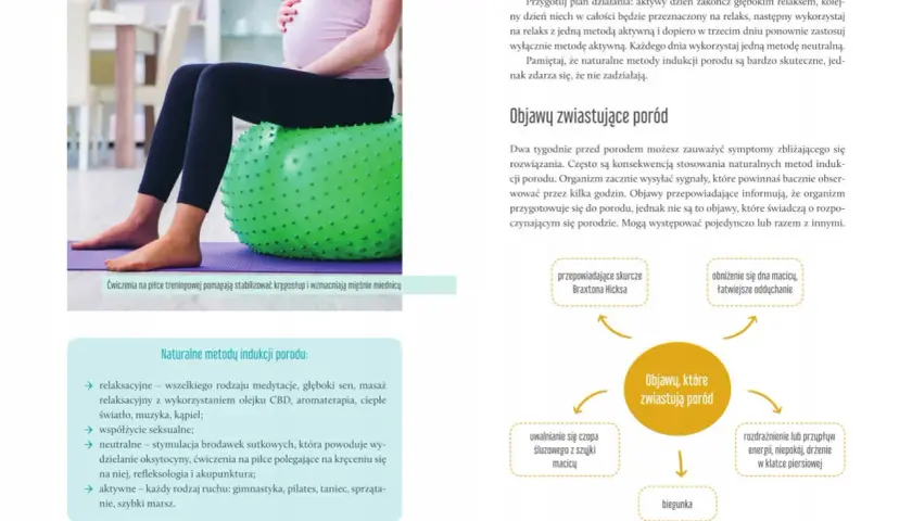 Kobieta w trzecim trymestrze ciąży ćwiczy na piłce, przygotowując ciało do porodu.