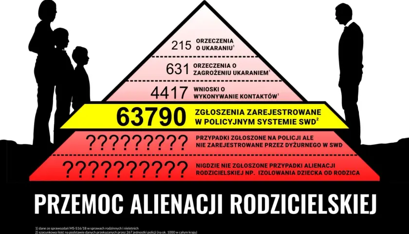 Wykres piramidy pokazuje skalę przemocy alienacji rodzicielskiej, od orzeczeń po niezgłoszone przypadki izolowania dziecka.