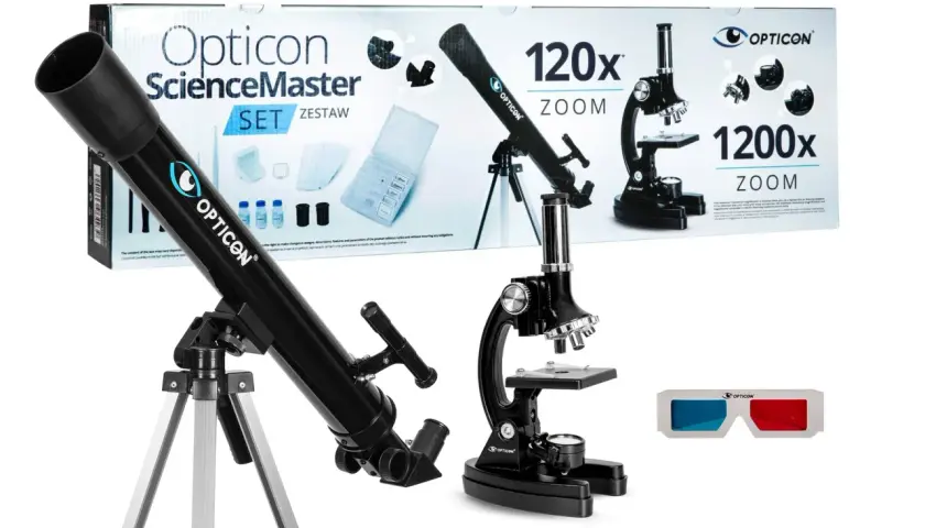 Teleskop, mikroskop i okulary 3D na białym tle, na tle pudełka z napisem "Opticon ScienceMaster SET".