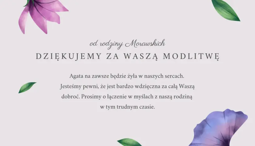 Podziękowanie od rodziny Morawskich za modlitwę. Kondolencje tekst wyraża wdzięczność za wsparcie w trudnym czasie.