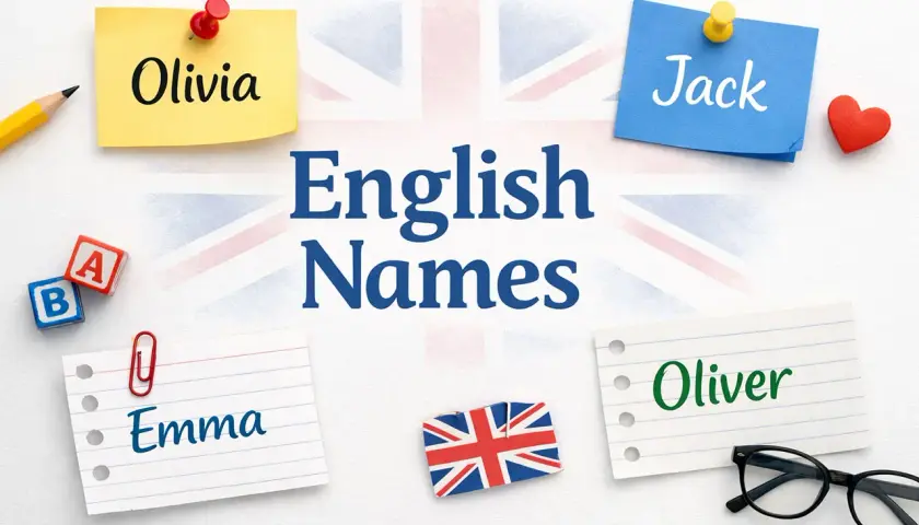 Olivia, Jack, Emma, Oliver – popularne angielskie imiona na tle flagi Wielkiej Brytanii.