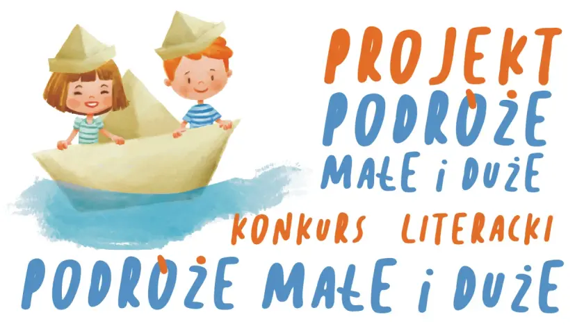 Dzieci w łódce z papieru płyną na falach. Projekt "Podróże małe i duże" zaprasza do konkursów literackich.
