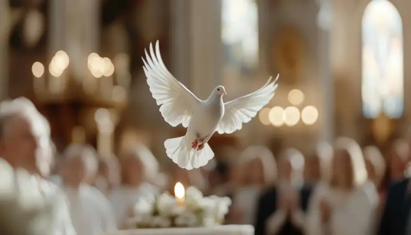 Biały gołąb symbolizujący Ducha Świętego unosi się nad zgromadzonymi podczas uroczystości bierzmowania w kościele.