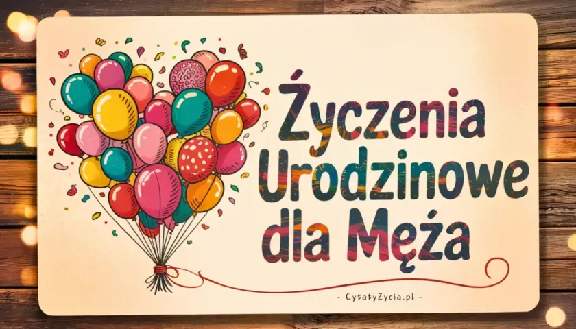 Kolorowe balony unoszą się, tworząc serce, a napis głosi "Życzenia urodzinowe dla Męża".