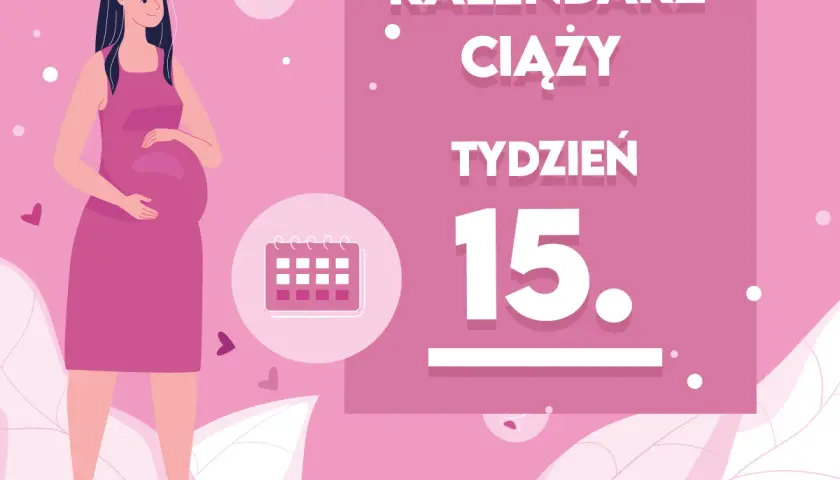 Kobieta w 15 tygodniu ciąży, z brzuszkiem. Obok kalendarz i napis "KALENDARZ CIĄŻY TYDZIEŃ 15.".