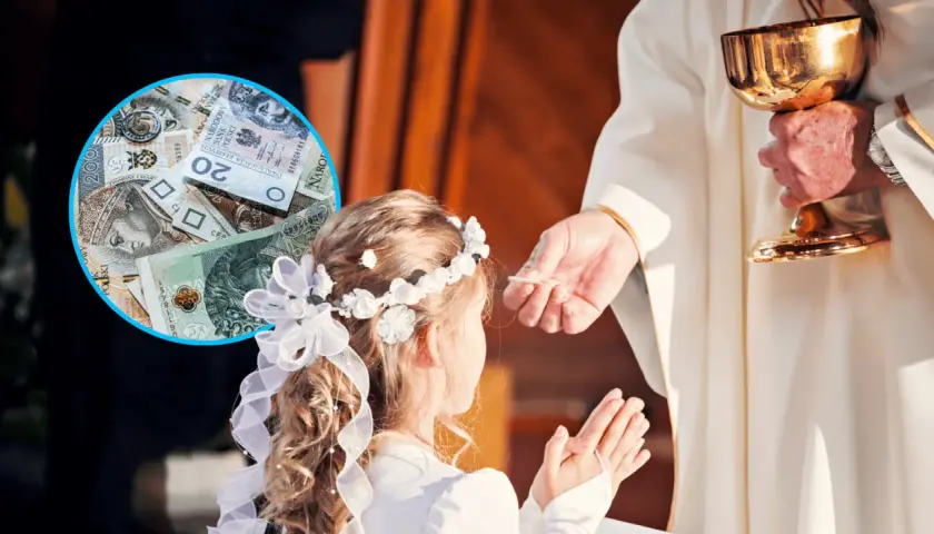 Komunia święta to ważny dzień, a pytanie "ile daje się na komunię" często towarzyszy uroczystości. Na zdjęciu widać dziewczynkę przyjmującą hostię i stos banknotów.