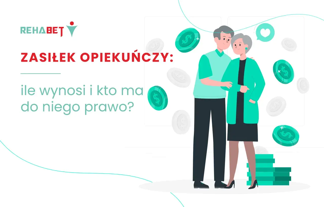Zasiłek opiekuńczy: ile wynosi i kto ma do niego prawo? Ilustracja przedstawia parę seniorów otoczonych monetami, symbolizującymi wsparcie finansowe.