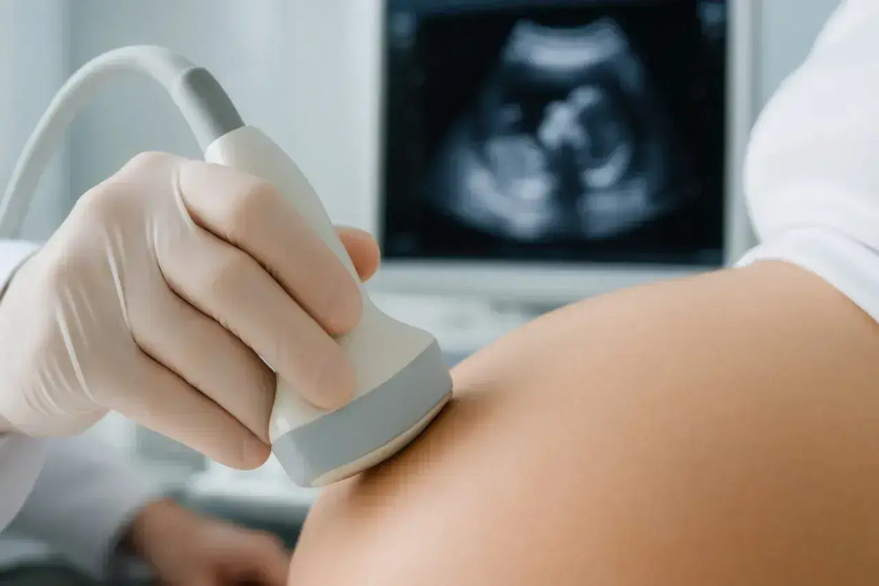 USG jamy brzusznej, widok płodu na ekranie. To może być 6 tydzień ciąży, początek nowego życia.