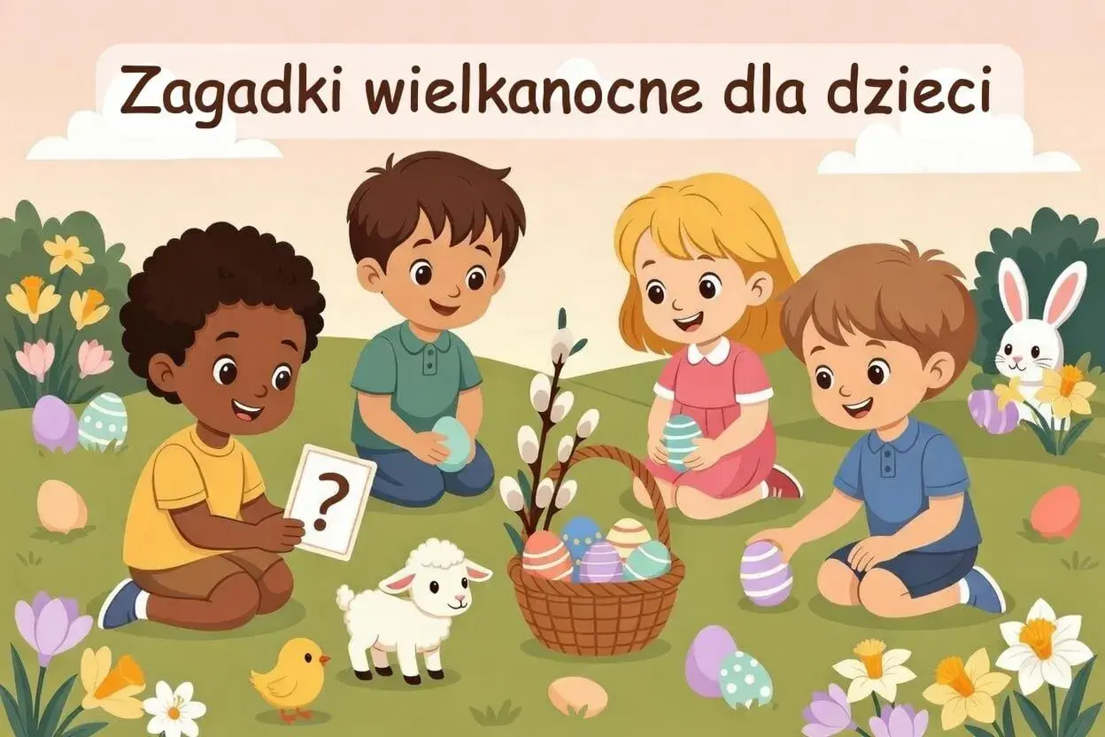 Dzieci szukają jajek wielkanocnych, rozwiązując zagadki. Wesoła atmosfera, pisklę, baranek i zajączek.
