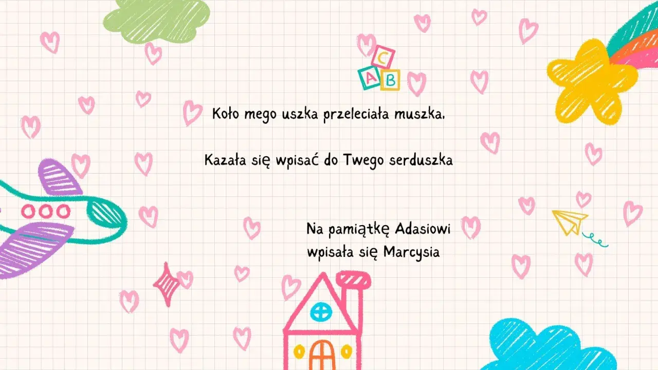 Kolorowe wyliczanki dla dzieci z samolotem, domkiem i gwiazdką.