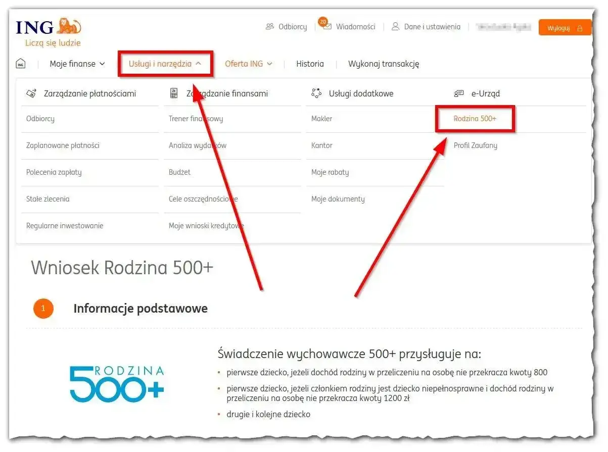 Jak sprawdzić termin wypłaty 800 plus? Kliknij "Usługi i narzędzia", a następnie "Rodzina 500+".