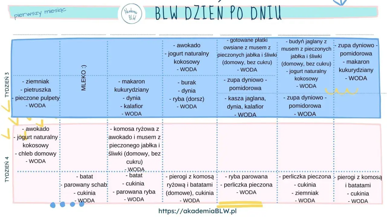 Plan rozszerzania diety niemowlaka: tydzień 3 i 4. Propozycje posiłków z warzyw, owoców, kasz i ryb.