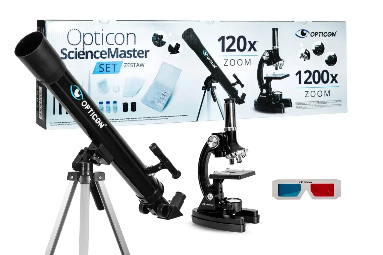 Teleskop, mikroskop i okulary 3D na białym tle, na tle pudełka z napisem "Opticon ScienceMaster SET".