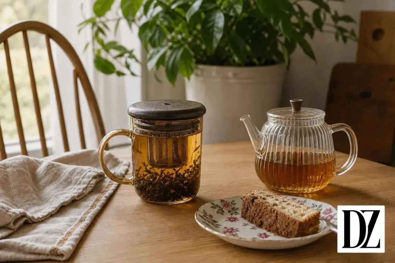 Idealny prezent dla mamy, która wszystko ma: aromatyczna herbata w szklanym dzbanku i kubku z zaparzaczem, obok kawałek ciasta.