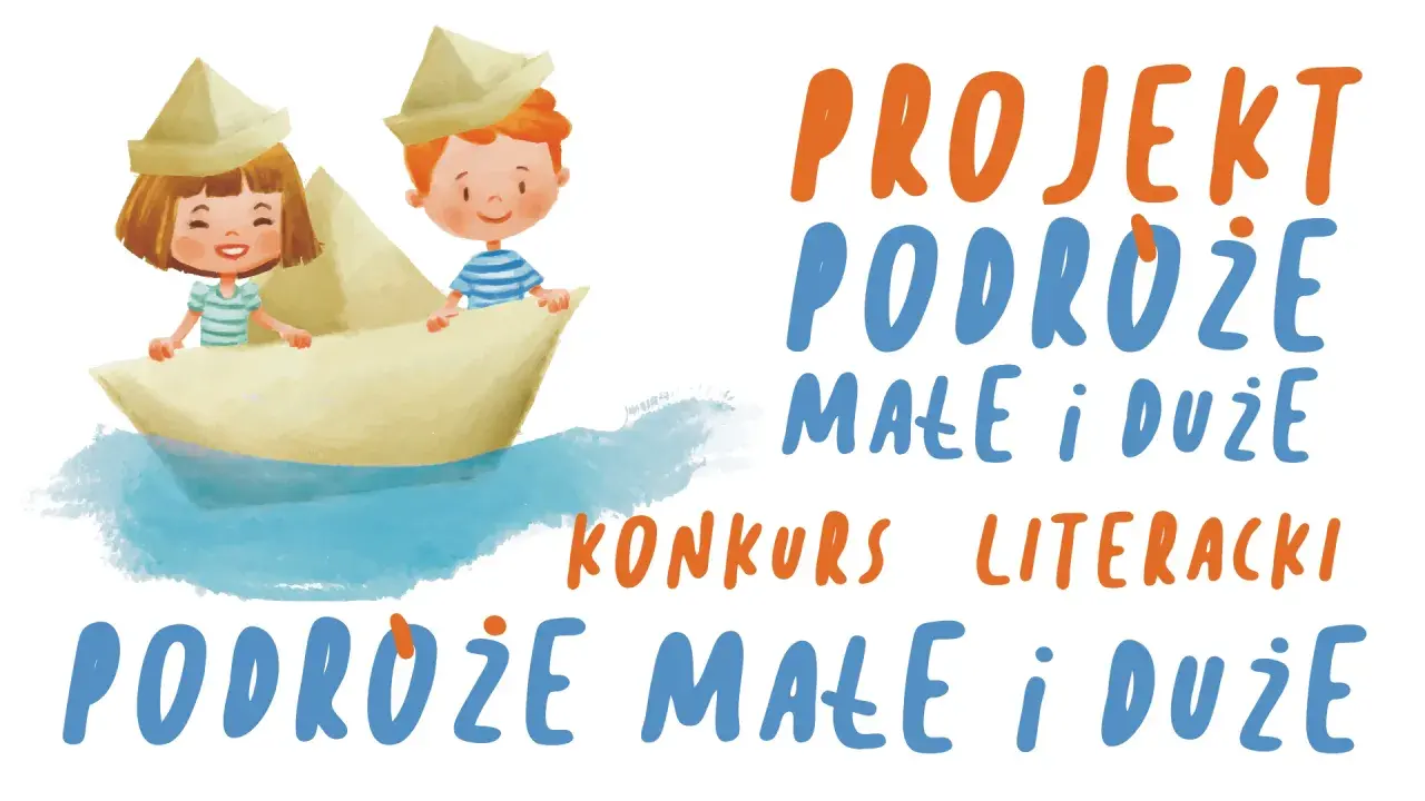 Dzieci w łódce z papieru płyną na falach. Projekt "Podróże małe i duże" zaprasza do konkursów literackich.