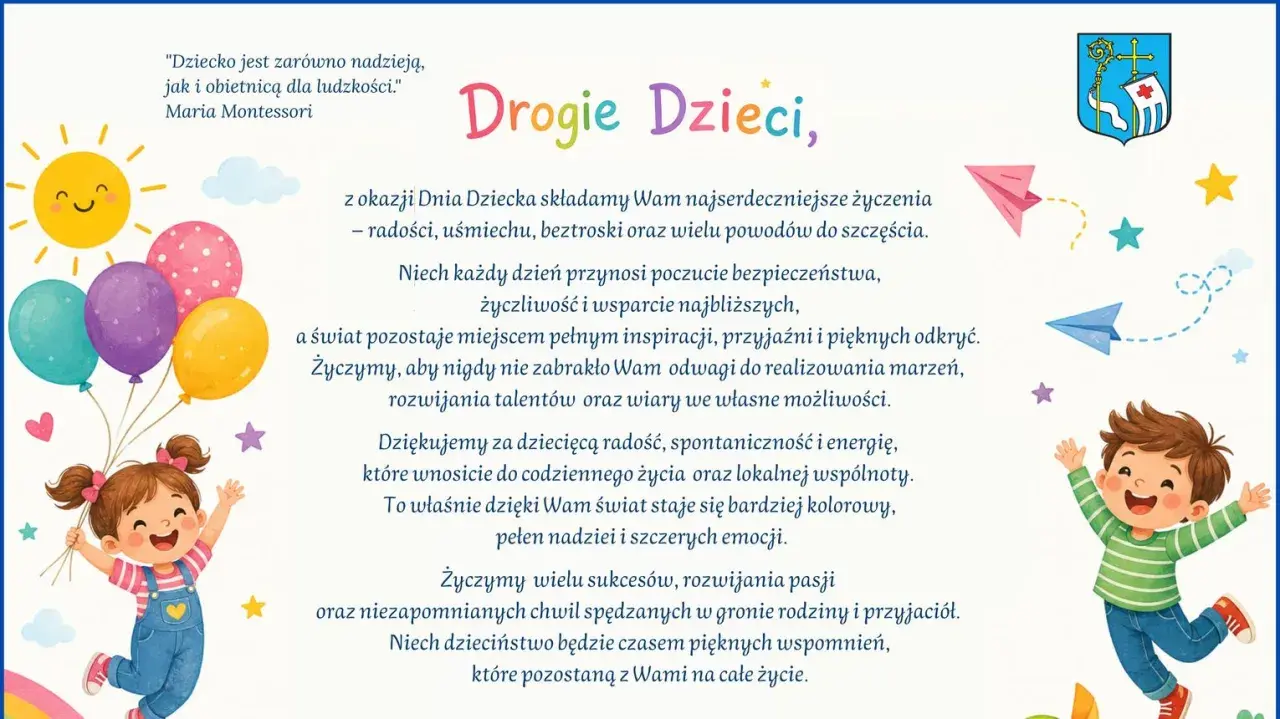 Radosne życzenia z okazji Dnia Dziecka dla wszystkich dzieci. Uśmiechnięta dziewczynka z balonami i chłopiec w skoku symbolizują beztroskę i szczęście.