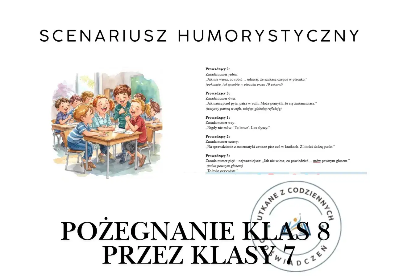 Wesołe pożegnanie klas 8 – scenariusz pełen śmiechu i szkolnych żartów. Uczniowie śmieją się na lekcji.