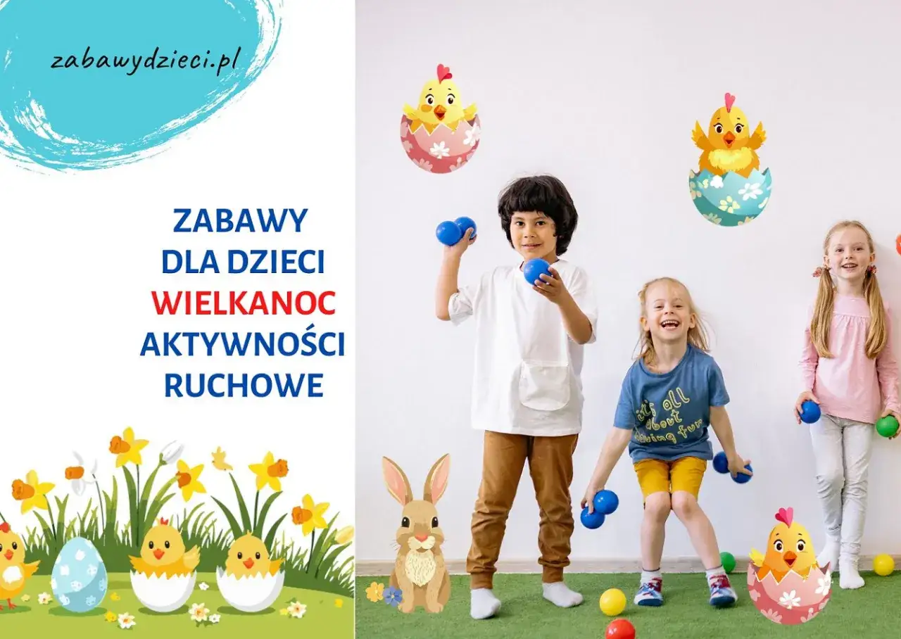 Wesołe zabawy wielkanocne dla dzieci: maluchy z piłeczkami i wielkanocnymi ozdobami.