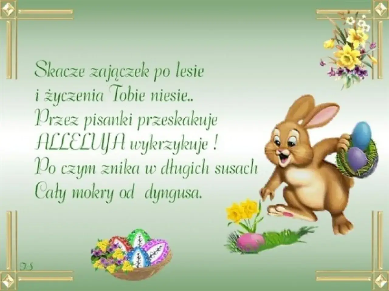 Wesołych Świąt! Zajączek z koszyczkiem pisanek niesie krótkie życzenia wielkanocne.