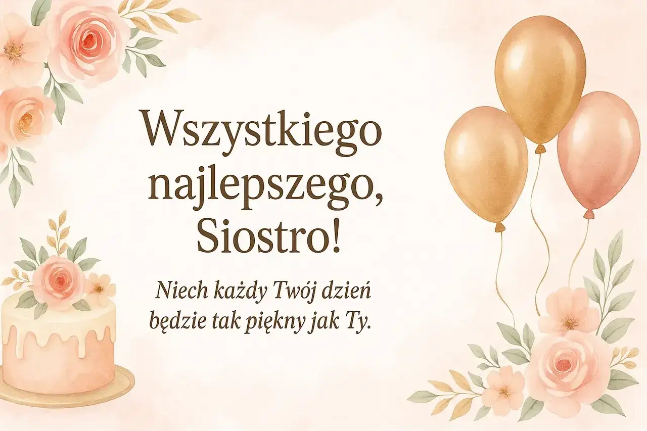 Wszystkiego najlepszego, Siostro! Urodzinowe życzenia dla siostry z tortem i balonami. Niech każdy Twój dzień będzie tak piękny jak Ty.