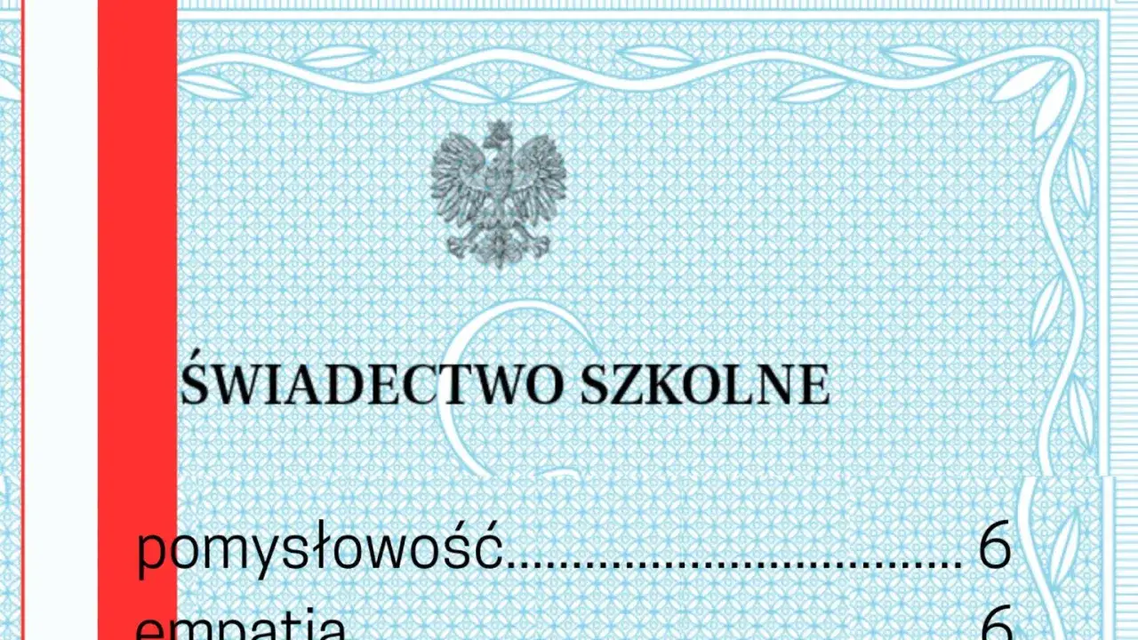 Świadectwo z paskiem, z godłem Polski i ocenami. Wspaniałe osiągnięcie!